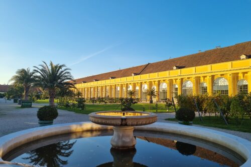 Orangery garden with a fountain in the foreground and trees and shrubs in the background